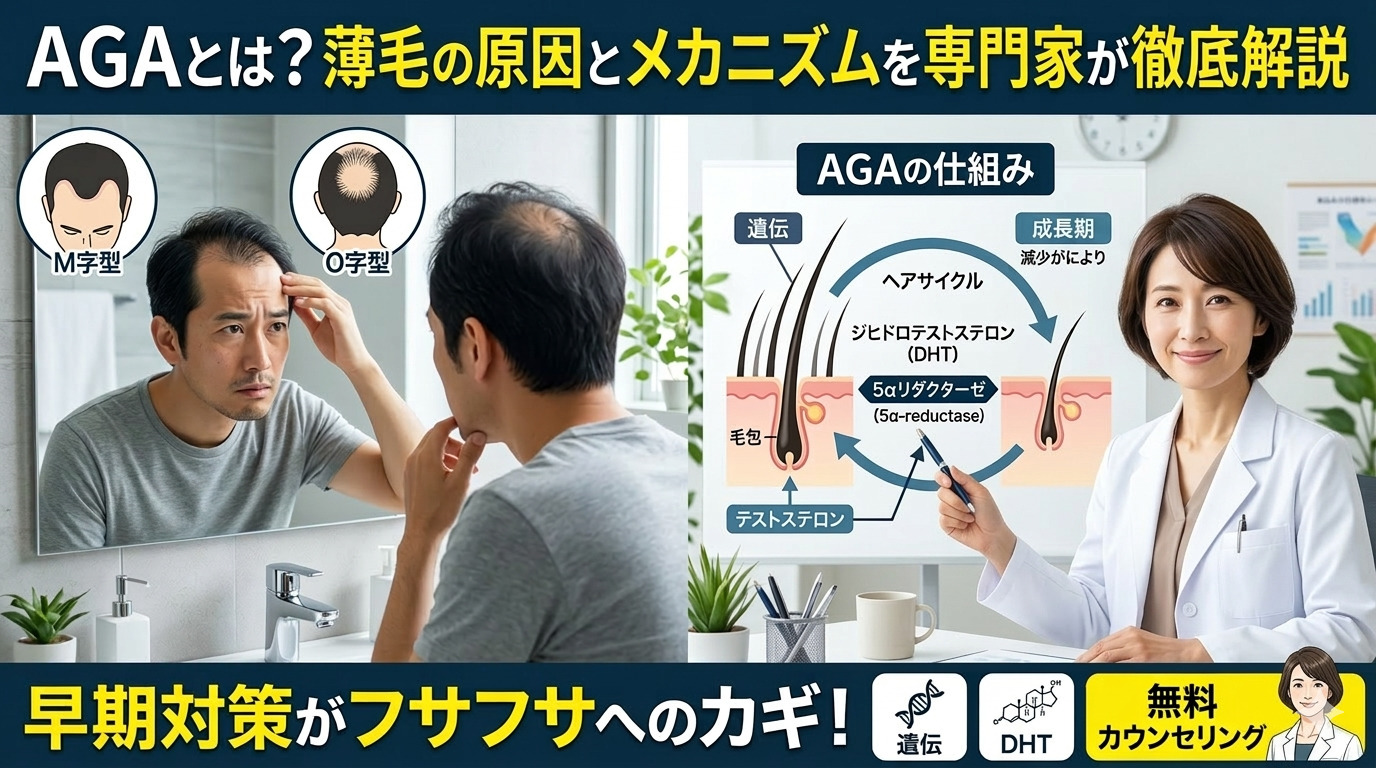 鏡を見て薄毛に悩む男性と、AGAの仕組みを解説する女性医師のアイキャッチ画像